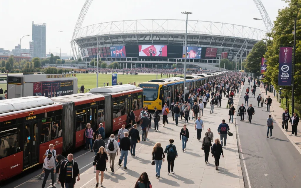 比赛日的人群乘坐公共交通与步行接驳前往体育场，强调可持续出行