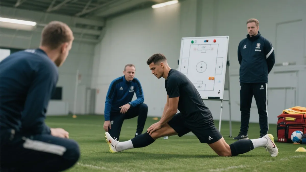 球星在训练场进行恢复与拉伸，医疗团队与战术板同框的纪实感画面